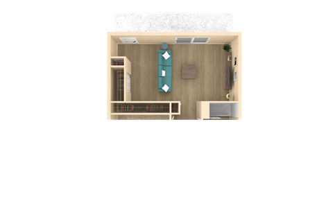a rendering of a 1 bedroom unit with a bathroom and a living room